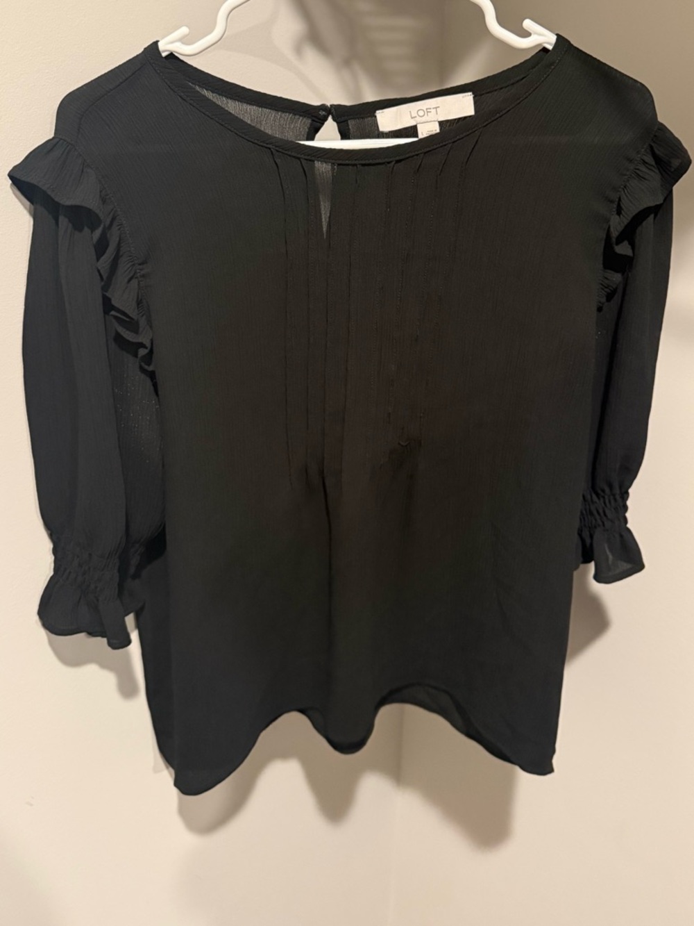 LOFT Black Ruffle-Sleeve Pintuck Blouse